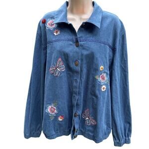 Alfred Dunner | Sz 16 Embroidered Button Up Denim Top Artsy Funky Eclectic Boho